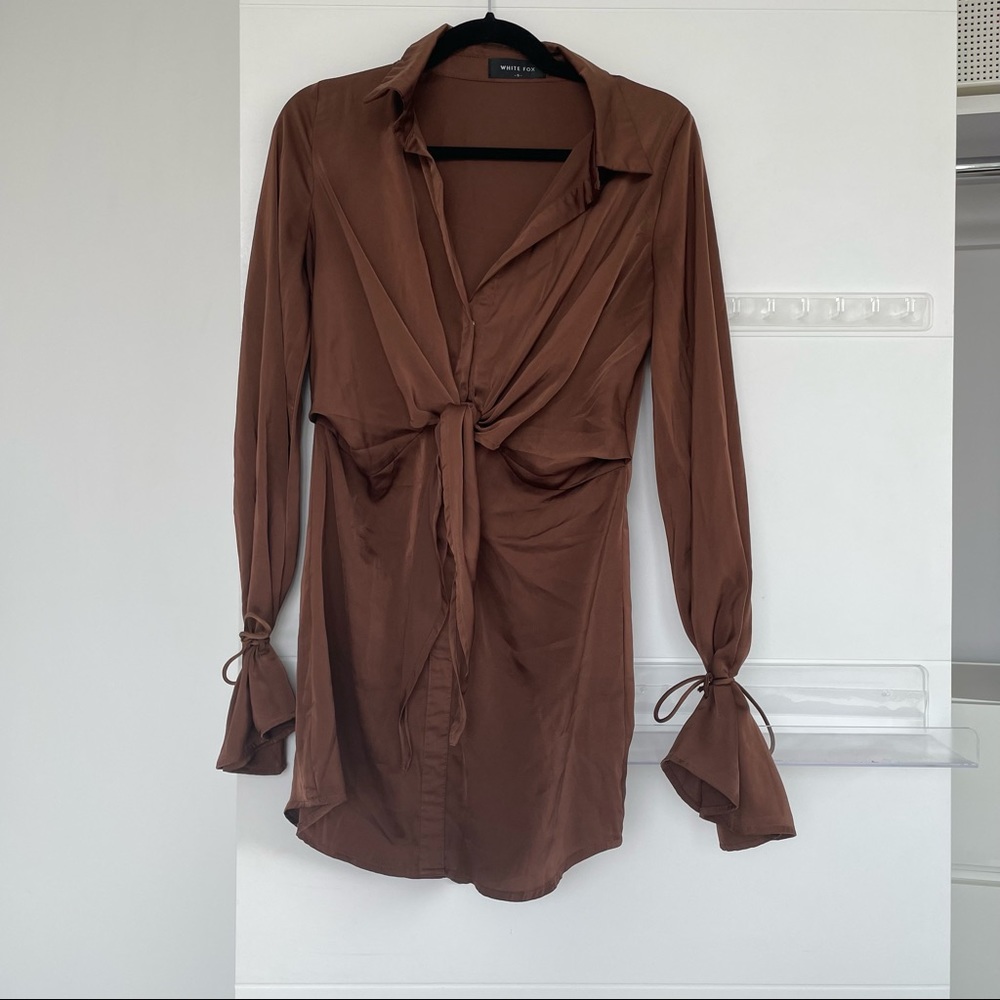White Fox Boutique Satin Effect Shirt Dress in BROWN